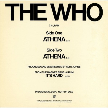 The Who - Athena - Maxi Vinyl 12 inches - Promo USA - Rock Music