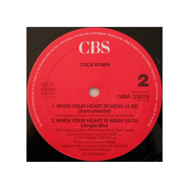 Vinyl Cock Robin When Your Heart Is Weak maxi 12 inches 1985 Synth Pop Vinyl Cock Robin When Your Heart Is Weak maxi 12 inches 1985 Synth Pop