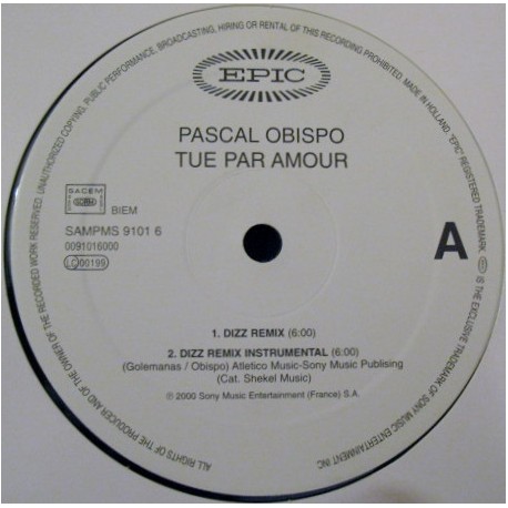 Pascal Obispo - Tue Par Amour - Dizz Remixes - Maxi Vinyl 12 inches Promo - French House