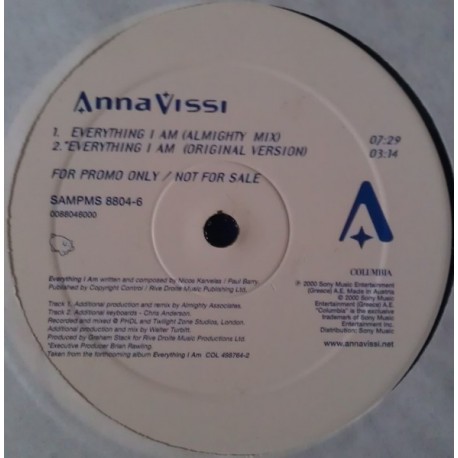 Anna Vissi – Everything I Am - Maxi Vinyl 12 inches - Promo - 2000 France - Pop Eurovision-