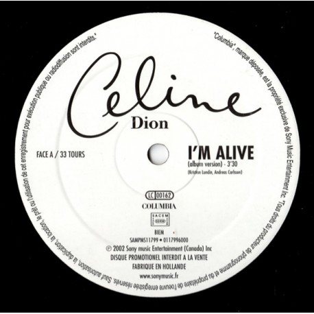 Céline Dion - I'm Alive - Maxi Vinyl 12 inches - Promo - France 2002 - Synth Pop