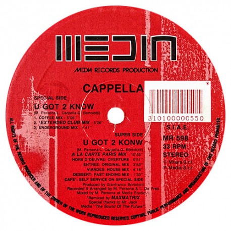 Cappella - U Got 2 Know - Maxi Vinyl 12 inches - Italy 1992 - Eurodance 90's