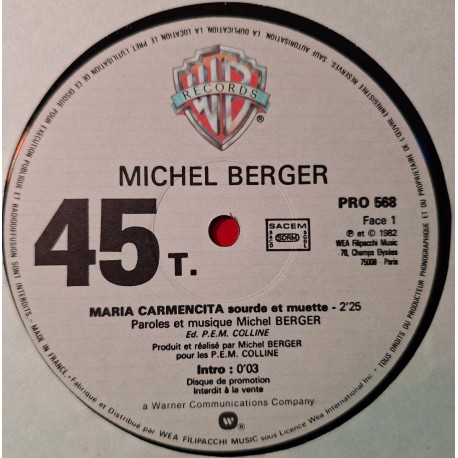 Michel Berger - Maria Carmencita / Déjà Je Suis Loin - Maxi Vinyl 12 inches - 1982 France - Promo - Variété Française